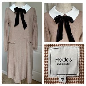 Hadas Dress in a Houndstooth print with Peter Pan Collar & Ribbon Bow tie